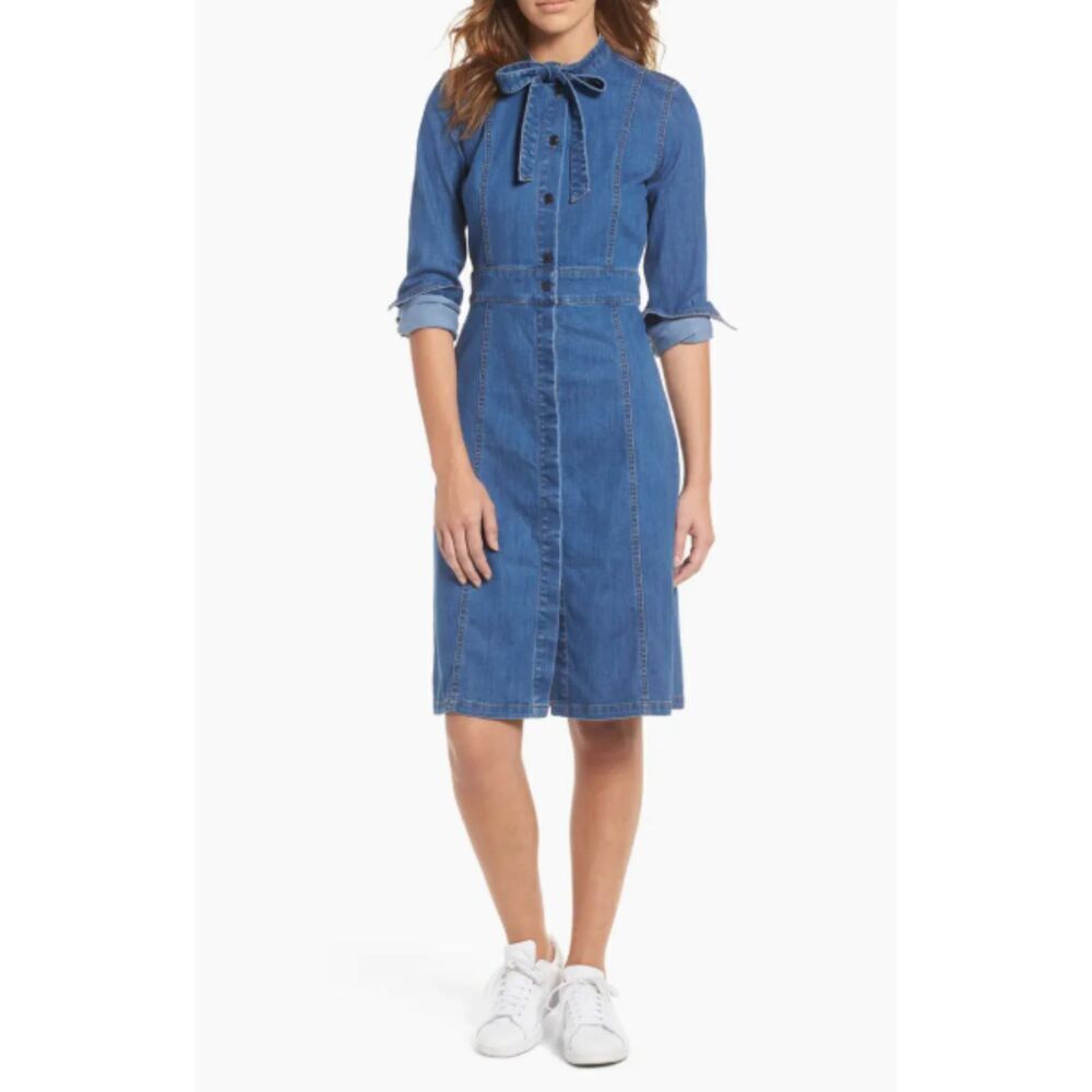 MADEWELL Blue Denim Long Sleeve Neck Tie Button Up Mini Shirt Dress Size 0